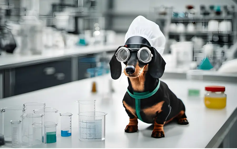 Dachshund dressed as a scientist in a lab, illustrating persuasive presentation techniques using hiCreo.ai tools