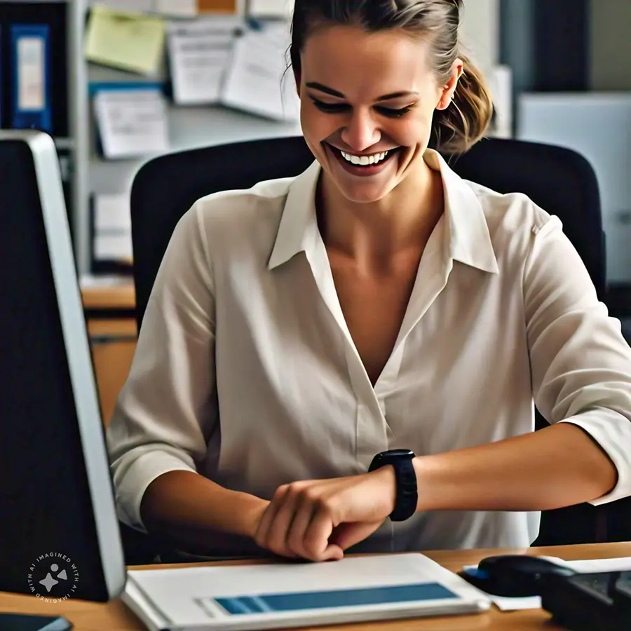 Woman smiling at office desk, looking at smartwatch after saving time on AI-powered presentation design with hiCreo