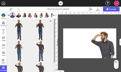 hiCreo.ai feature allowing the addition of customizable character illustrations to presentations