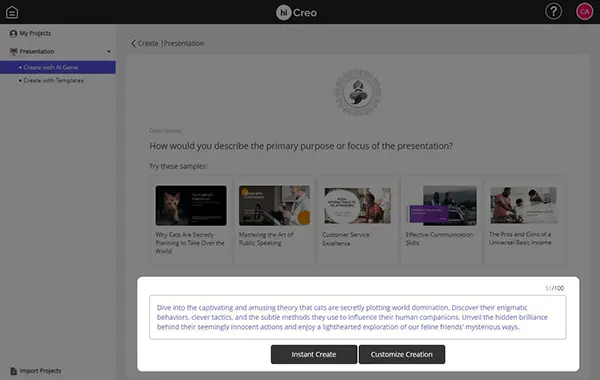 hiCreo.ai step 1: Providing a brief purpose or focus for the presentation