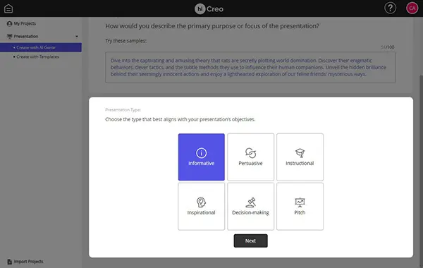 hiCreo.ai step 2: Selecting the presentation type to align with objectives