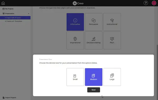 hiCreo.ai step 3: Selecting the desired presentation size